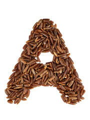Letter A of the English alphabet made from brown rice on an isolated background.