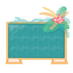 Back to school illustration. Green school board with composition of flowers and branches in bohemian style. Chalkboard with pieces of chalk and sponge. Happy teacher’s day greeting card, poster