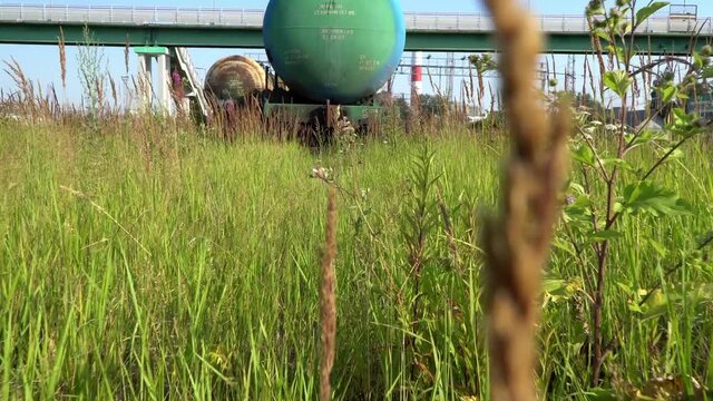 Railway freight cars and tank cars on tracks overgrown with grass