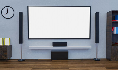 Home Theater on white plaster wall. Big wall screen TV and Audio equipment use for Mini Home Theater. Wooden floor. 3D Rendering.
