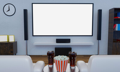 Home Theater with  Popcorn and soda in clear glass on table. Big wall screen TV and  Audio equipment use for Mini Home Theater. White Sofa on Wooden floor. 3D Rendering.
