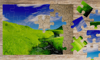 Jigsaw or Puzzle overlapping images between The picture of the ground is arid and parched with green fields. With streams running through the Bright sky and white clouds. 3D Rendering