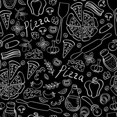 Pizza with ingredients and supplies hand drawn background. Food doodles seamless pattern. Vector illustration.