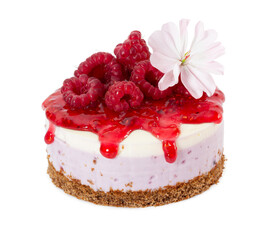 Cheesecake with fresh raspberries and jam isolated on white
