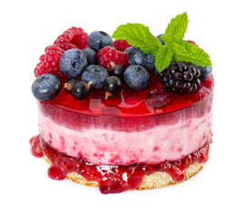 Cheesecake with fresh berries, mint. jelly and raspberries jam
