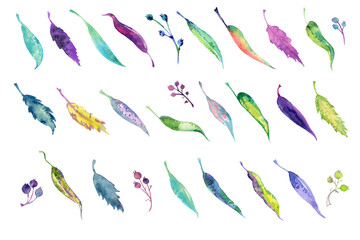 Fototapeta premium Set of watercolor leaves on a white isolated background. Stylized multi-colored leaves. Purple, turquoise, pink, blue, orange green leaves and berries.