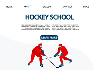 Hockey school. Landing Page. Men play hockey. Winter sport . illustration..