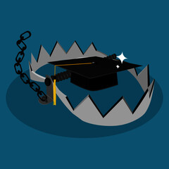 Hat graduates in a trap. Educational concepts. Misuse education. vector illustration