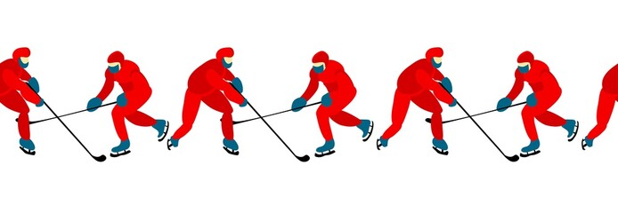 HOCKEY SCHOOL. People play hockey. Winter sports. Skates and clubs. Seamless border illustration..