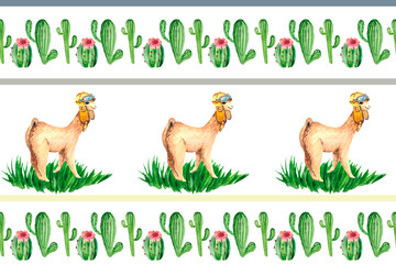 Seamless pattern with an Alpaca pilot on a green lawn and juicy green cacti with a pink flower watercolor drawing for textiles, Wallpaper, packaging and original backgrounds on the theme of holiday.