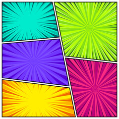 Cartoon comic backgrounds set. Comics book colorful poster with radial lines. Retro Pop Art style. Vector illustration.