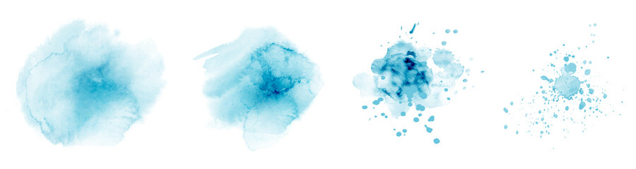 Set of hand-painted splash blue color watercolor