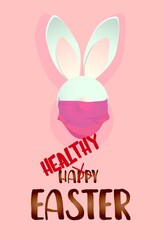 Easter banner or greeting card. Have a healthy and happy easter. Rabbits in a medical mask. vertical banner. Realistic illustration..