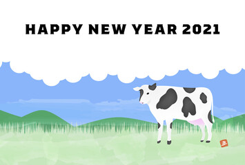 年賀状はがきテンプレート2021年丑年、牧場にいるホルスタインのイラスト