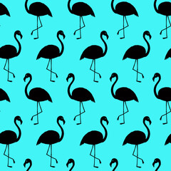Obraz premium Seamless pattern with silhouette of flamingo, black on blue