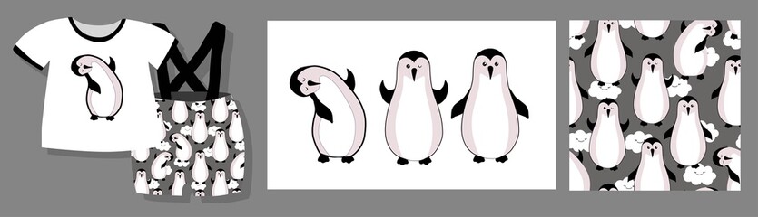 Funny print for baby clothes. Cute pattern with penguins. T-shirt design. illustration.Ready textile design kit..