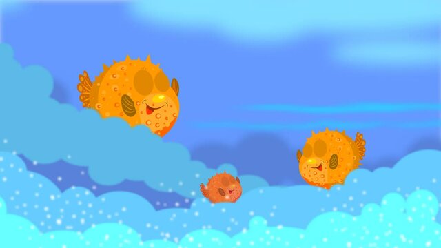 Animation, three tropical fish ball are playing on the waves.