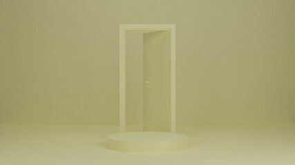 3d rendering podium, stand, showcase on pastel light, abstract background with a door for premium product. Luxury background for advertising goods, items. Stylish trendy illustration, graphic design