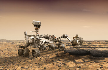Obraz na płótnie Canvas Mars explore mission. The Perseverance rover deploys its equipment against the backdrop of a true Martian landscape. Colony on Mars concept. Elements of this image furnished by NASA.