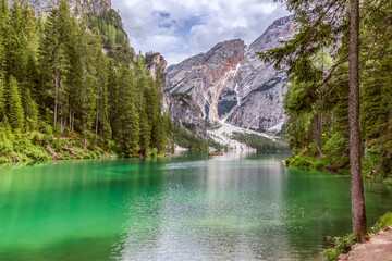 One of the beautiful views of the famous Braies Lake in the Italian Alps