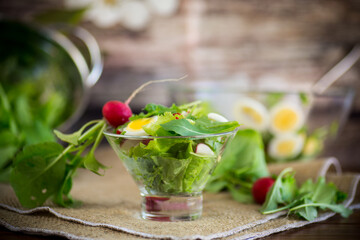spring salad with arugula, boiled eggs, fresh radish, salad leaves in a glass bowl