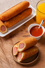 .Sausage rolls. Typical Brazilian snack served at bars or parties. Selective focus