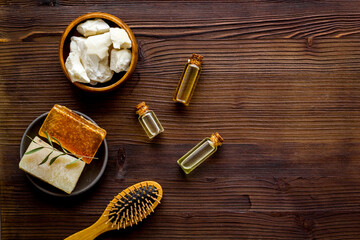 Set of herds for hair health care. Cacao butter and herbal oil. Top view