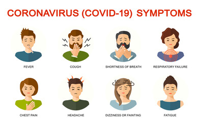 2019-nCoV covid-19 symptoms. Coronovirus alert. People with chinese dangerous diseas. Set of isolated vector illustration, flat style. Coronovirus symptoms background. 