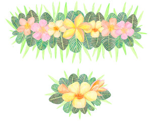 Tropical horizontal borders and bouquet with watercolor plumeria flowers and dark leaves