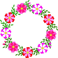 A wreath of pink and red flowers and green leaves