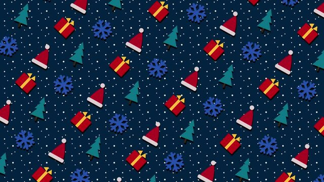 Christmas flat seamless looping blue background with moving Christmas trees, red Santa's Hats, Snowflakes and Present Boxes. Shape animation. 4K UHD video