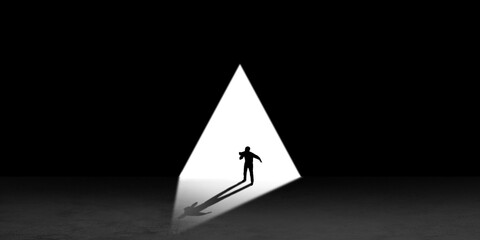 Fototapeta premium Silhouette of man walking in the night toward the light, view from above. Way of life, going nowhere. Flyer with copyspace. Mind and art concept, loneliness, freedom of choice. Abstract illustration.