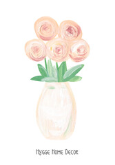 Blush beige roses in a cream vase. Home flower, cute minimalistic still life. Pasty texture of gouache paint