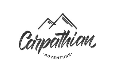 Vector Handwritten calligraphy lettering of Carpathian Adventure. Mountains badge with peaks.