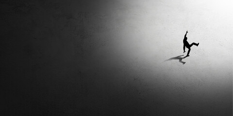 Silhouette of man walking in the night toward the light, view from above. Way of life, going...