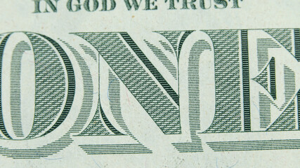 Element of American cash banknote 1 dollars. Macro photography