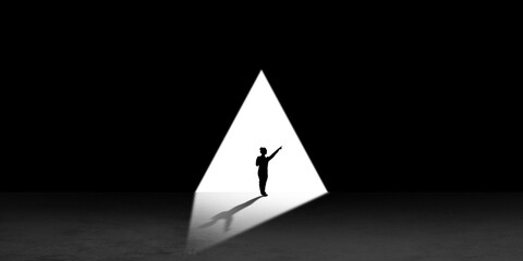 Silhouette of man walking in the night toward the light, view from above. Way of life, going...