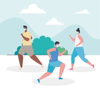 young people running wearing medical mask outdoor, during coronavirus covid 19 vector illustration design