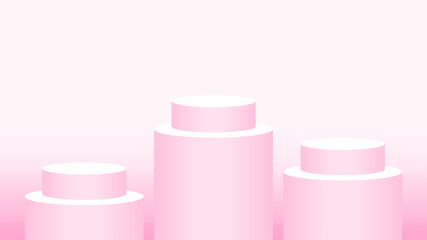pink pedestal cylinder circle 3 steps for cosmetics showcase, podium circle stage pink pastel soft color, platform three steps for advertising copy space, podium round for make-up product display