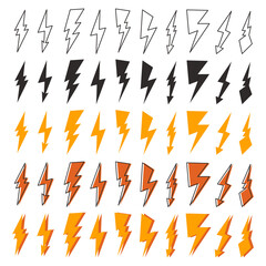 Lightning collection in cartoon style, vector lightning.