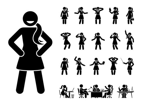 Stick figure office woman standing in different poses design vector icon set. Happy, sad, surprised, amazed, angry face. Sitting, meeting, talking, pointing stickman female person on white