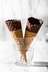 Empty chocolate-covered ice cream cones