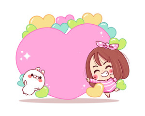 Character of smile girl and white rabbit with blank heart frame isolated on white background.