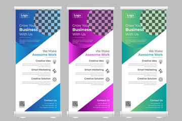 Rollup banner design with simple shapes for minimalistic company promotion, business presentation, stand template design, 3 color variation banner, Creative layout, advertisement, pull up