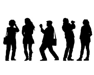 Photograph and photo camera on street. Isolated silhouettes of people on white background