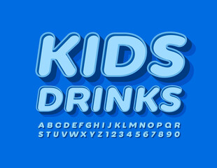 Vector trendy logo Kids Drink. Blue 3D Font. Modern Alphabet Letters and Numbers
