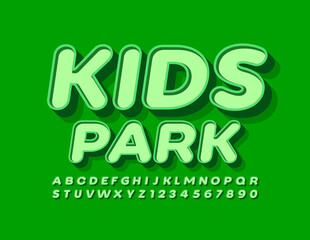 Vector Natural emblem Kids Park with Green 3D Font. Trendy retro style Alphabet Letters and Numbers