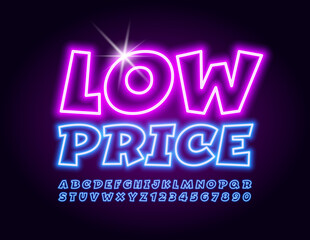 Vector promo banner Low Price with Neon playful Font. Modern Electro Alphabet Letters and Numbers