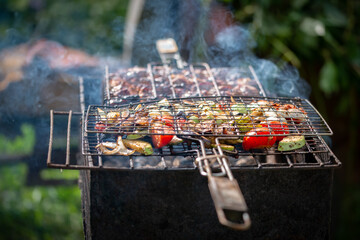 meat and vegetables grilled on a grill on the grill