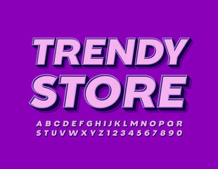 Vector modern banner Trendy Store. Violet 3D Font. Creative Alphabet Letters and Numbers set